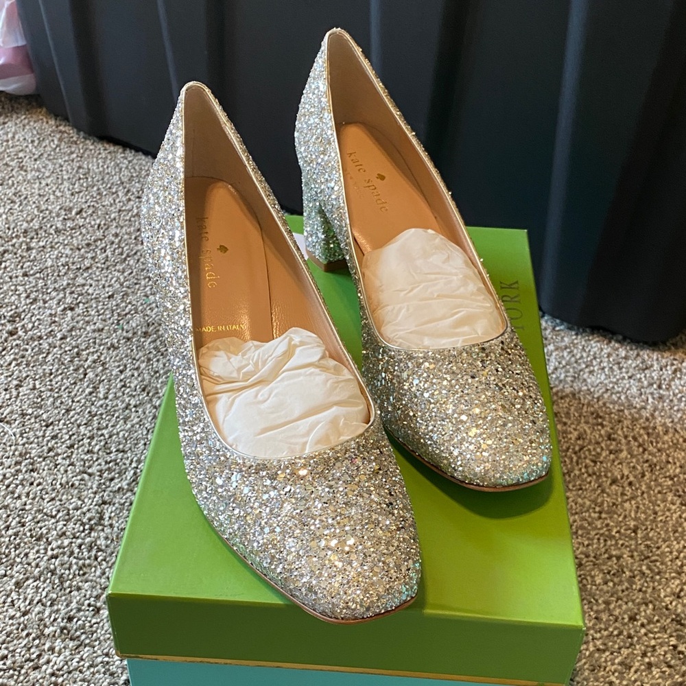 kate spade Silver Glitter Block Heel Pumps